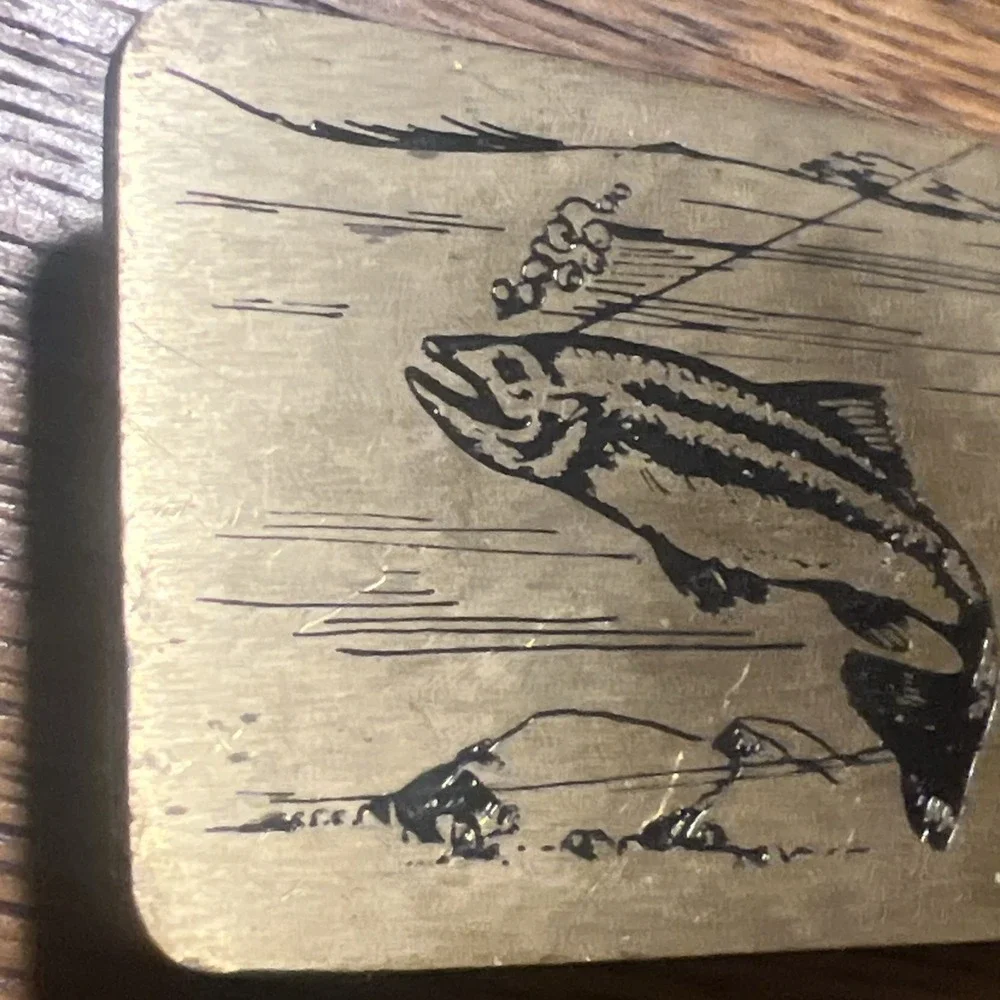 Vintage 1984 NAP Solid Brass Jumping Trout Fisherman Belt Buckle Made in USA